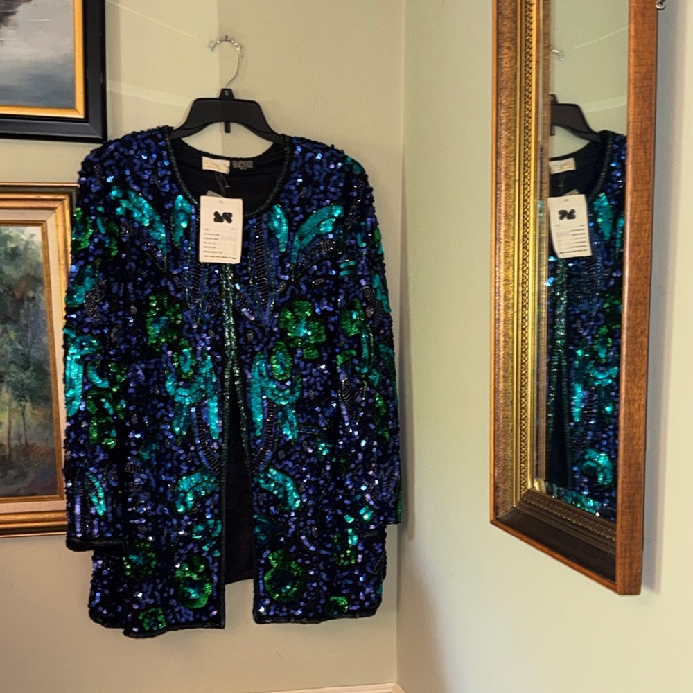 NEW Vintage Sequin Embellished Party Evening Jacket - Blue and Green XXL XL